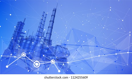 Modern Chemical Manufacturing Plant On A Blue Technological Background With A Stylized Digital Wave - The Concept Of Modern Technology, The New Industrial Revolution & Information Technology / Vector