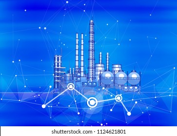 modern chemical manufacturing plant on a blue technological background with a stylized digital wave - the concept of modern technology, the new industrial revolution & information technology / vector