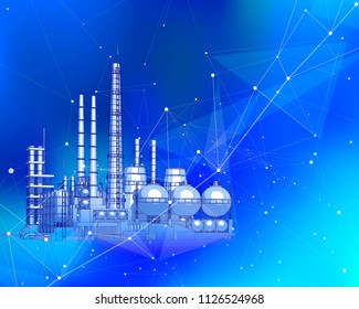 modern chemical manufacturing plant on a blue technological background with a stylized digital wave - the concept of modern technology, the new industrial revolution & information technology / vector