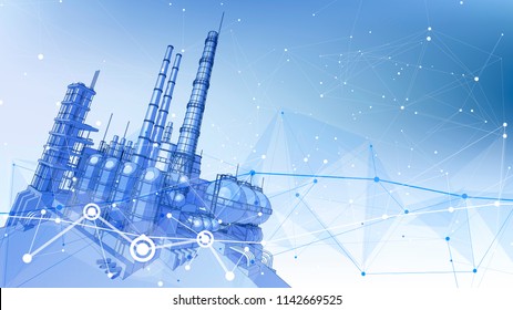 Modern Chemical Manufacturing Plant On A Blue Technological Background With A Stylized Digital Wave - The Concept Of Modern Technology, The New Industrial Revolution & Information Technology / Vector