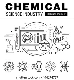 Moderne Chemie-Industrie. Dünne Symbole setzen die Biologie-Technologie ein. Laborsatz-Kollektion mit Elementen der globalen Industrie. Hochwertiges Vektorsymbol. Piktogramm für Webdesign nachziehen.