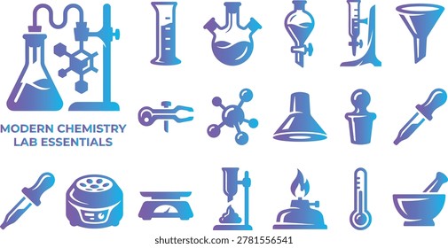 Modern chemistry lab essentials icons with gradient design for science, research, and education purposes.