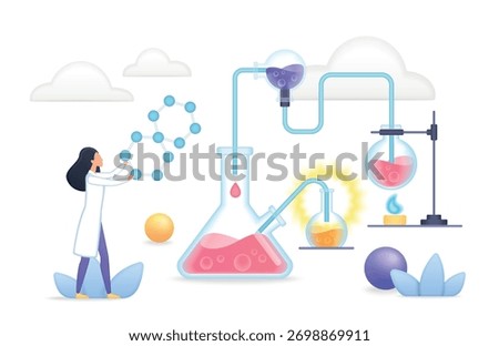 Modern chemistry lab setup volumetric glassware scientist analyzing molecular structure colorful liquids scientific equipment research education isolated white background vector illustration.