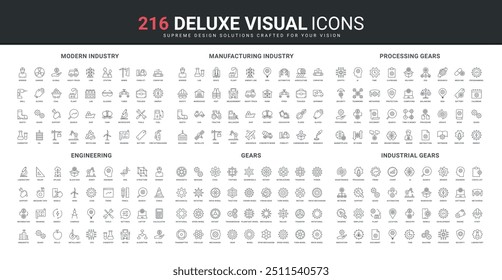 Modern chemistry and manufacturing, metal gears, toolbox of repair and support service line icon set. Industrial improvement process and engineering thin black outline symbols vector illustration