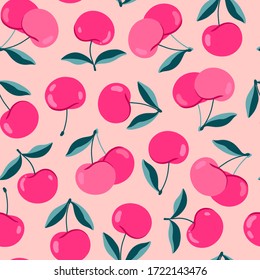 Modern cherry pattern. Cute cartoon cherries on a peachy background. Pink bright juicy berries. Hand-drawn seamless pattern 