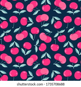 Modern cherry pattern. Cute cartoon cherries on a dark blue background. Pink bright juicy berries. Hand-drawn pattern design for textile, print and web use. Summer berries.
