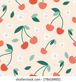 Modern cherry seamless pattern. Cute red cherries on a pink background. Bright berries and flowers. Berry template design for textile, web banner, postcards. Fresh summer fruits. Red berries and fruit