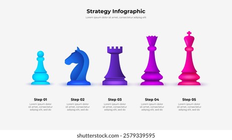 Modern chess infographic illustrating five strategic steps using chess pieces. Pawn, knight, rook, queen, and king. Business growth strategy concept