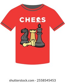  A modern chess-themed T-shirt with bold "CHESS" text and vibrant illustrations of iconic chess pieces. Perfect for chess enthusiasts or casual wear.