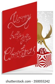 A modern chic design for a Christmas card. Contrast, handmade font, nice design, gift and deer in the forest. Ideal for print production, and congratulatory greeting cards etc.