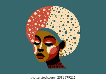 Modern, chic illustration of confident black woman in vibrant hues, exuding elegance and style. Black woman modern icon avatar. African woman design. Abstract contemporary poster. Wall art design