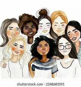 A modern and chic illustration depicting a joyful multi-ethnic team of young women. Energy and aesthetics captured with brilliance.