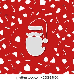 A modern chic seamless pattern for a Christmas time. Colorful, with christmas elements and cutted abstract santa. Ideal for print production, wrapping paper and congratulatory greeting cards etc