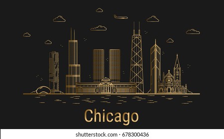 Modern Chicago city line art, golden architecture vector illustration, skyline city, all famous buildings.