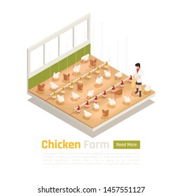 Modern chicken poultry farm facility isometric element with automated watering feeding and eggs collection system vector illustration 