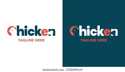 Modern chicken typography logo design with creative hen icon, clean lettering, and bold color contrast for food, restaurant, and poultry branding.