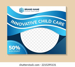 Modern child care flyer, babysitter banner, day care brochure template design suitable for cover or poster. horizontal layout with space for photo and text. multicolored blue gradient elements