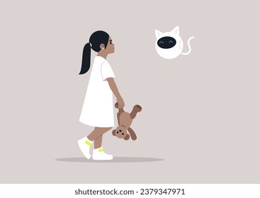 A modern child engaging in play with her home assistant robot designed in the shape of a cat
