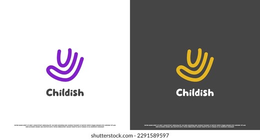 Modern child hand logo design illustration. Hand drawn creative silhouette idea young innocent boy girl human modern casual playing happy cheerful care. Colorful simple flat hand design.