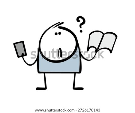 Modern child thinks about the benefits of reading. Vector illustration stickman chooses between a book and a gadget. A funny character is holding a smartphone, an actual question mark.