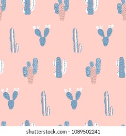 Modern childish cacti seamless pattern. Cactus vector print in pastel colors. Good for fabric.