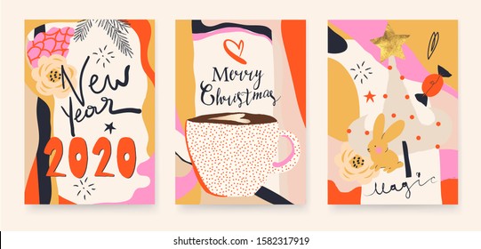 Modern childish Merry Christmas greeting cards design. Background Xmas design. Handwritten calligraphy. Trendy style. Vector illustrations.