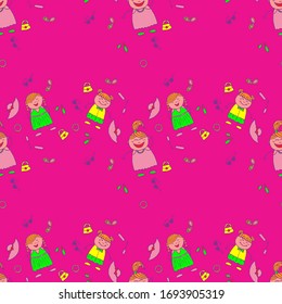 Modern Childish Rapport for Dress, Linen, Child Cloth. Seamless Pattern with Hand Drawn Girls. Bright Seamless Background with Trendy Elements. Naive Texture in Fashion Style. Vector Girlie Pattern.