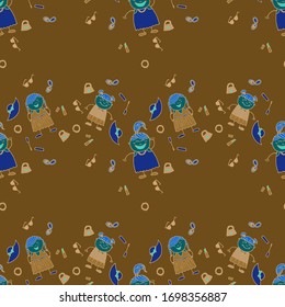 Modern Childish Rapport for Dress, Linen, Child Cloth. Seamless Pattern with Hand Drawn Girls. Bright Seamless Background with Trendy Elements. Naive Texture in Fashion Style. Vector Girlie Pattern.