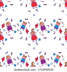 Modern Childish Rapport for Dress, Linen, Child Cloth. Bright Seamless Background with Trendy Elements. Seamless Pattern with Hand Drawn Girls. Naive Texture in Fashion Style. Vector Girlie Pattern.