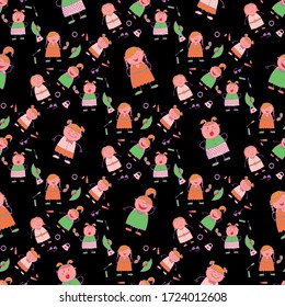 Modern Childish Rapport for Dress, Linen, Child Cloth. Naive Texture in Fashion Style. Bright Seamless Background with Trendy Elements. Seamless Pattern with Hand Drawn Girls. Vector Girlie Pattern.