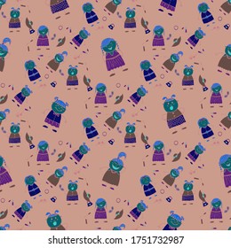 Modern Childish Rapport for Dress, Linen, Child Cloth. Naive Texture in Fashion Style. Bright Seamless Background with Trendy Elements. Seamless Pattern with Hand Drawn Girls. Vector Girlie Pattern.