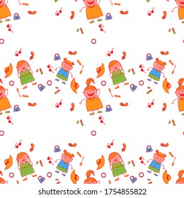 Modern Childish Rapport for Dress, Linen, Child Cloth. Bright Seamless Background with Trendy Elements. Naive Texture in Fashion Style. Seamless Pattern with Hand Drawn Girls. Vector Girlie Pattern.