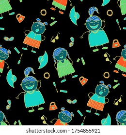Modern Childish Rapport for Dress, Linen, Child Cloth. Bright Seamless Background with Trendy Elements. Seamless Pattern with Hand Drawn Girls. Naive Texture in Fashion Style. Vector Girlie Pattern.
