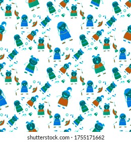 Modern Childish Rapport for Dress, Linen, Child Cloth. Seamless Pattern with Hand Drawn Girls. Bright Seamless Background with Trendy Elements. Naive Texture in Fashion Style. Vector Girlie Pattern.