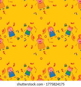Modern Childish Rapport for Dress, Linen, Child Cloth. Seamless Pattern with Hand Drawn Girls. Bright Seamless Background with Trendy Elements. Naive Texture in Fashion Style. Vector Girlie Pattern.