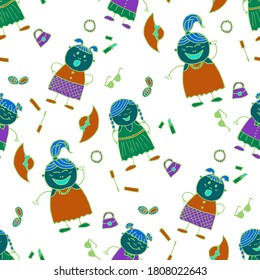 Modern Childish Rapport for Dress, Linen, Child Cloth. Seamless Pattern with Hand Drawn Girls. Bright Seamless Background with Trendy Elements. Naive Texture in Fashion Style. Vector Girlie Pattern.