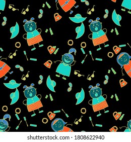 Modern Childish Rapport for Dress, Linen, Child Cloth. Bright Seamless Background with Trendy Elements. Seamless Pattern with Hand Drawn Girls. Naive Texture in Fashion Style. Vector Girlie Pattern.