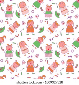 Modern Childish Rapport for Dress, Linen, Child Cloth. Seamless Pattern with Hand Drawn Girls. Naive Texture in Fashion Style. Bright Seamless Background with Trendy Elements. Vector Girlie Pattern.