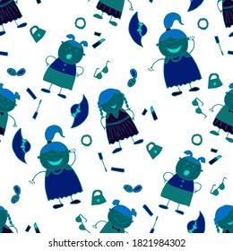 Modern Childish Rapport for Dress, Linen, Child Cloth. Bright Seamless Background with Trendy Elements. Naive Texture in Fashion Style. Seamless Pattern with Hand Drawn Girls. Vector Girlie Pattern.