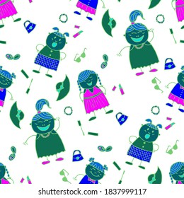 Modern Childish Rapport for Dress, Linen, Child Cloth. Naive Texture in Fashion Style. Seamless Pattern with Hand Drawn Girls. Bright Seamless Background with Trendy Elements. Vector Girlie Pattern.