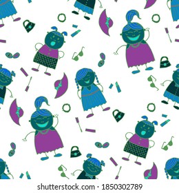 Modern Childish Rapport for Dress, Linen, Child Cloth. Naive Texture in Fashion Style. Bright Seamless Background with Trendy Elements. Seamless Pattern with Hand Drawn Girls. Vector Girlie Pattern.