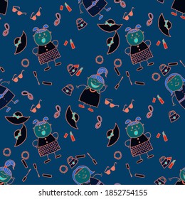 Modern Childish Rapport for Dress, Linen, Child Cloth. Seamless Pattern with Hand Drawn Girls. Bright Seamless Background with Trendy Elements. Naive Texture in Fashion Style. Vector Girlie Pattern.