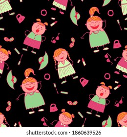 Modern Childish Rapport for Dress, Linen, Child Cloth. Seamless Pattern with Hand Drawn Girls. Naive Texture in Fashion Style. Bright Seamless Background with Trendy Elements. Vector Girlie Pattern.