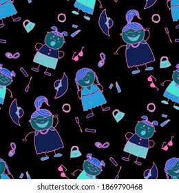 Modern Childish Rapport for Dress, Linen, Child Cloth. Bright Seamless Background with Trendy Elements. Seamless Pattern with Hand Drawn Girls. Naive Texture in Fashion Style. Vector Girlie Pattern.
