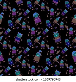 Modern Childish Rapport for Dress, Linen, Child Cloth. Naive Texture in Fashion Style. Seamless Pattern with Hand Drawn Girls. Bright Seamless Background with Trendy Elements. Vector Girlie Pattern.