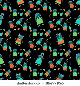 Modern Childish Rapport for Dress, Linen, Child Cloth. Naive Texture in Fashion Style. Seamless Pattern with Hand Drawn Girls. Bright Seamless Background with Trendy Elements. Vector Girlie Pattern.