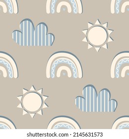 Modern childish seamless pattern in cute scandinavian boho style, rainbows, clouds, sun. Vector illustration in pastel colors, suitable for printing on fabric and paper, etc