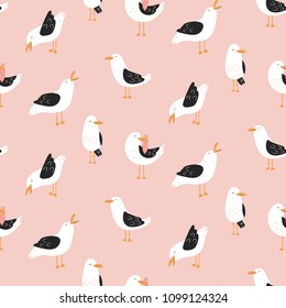 Modern childish seamless pattern with seagulls in vector. Cute cartoon seagulls.  Summer vacation. Good for print.