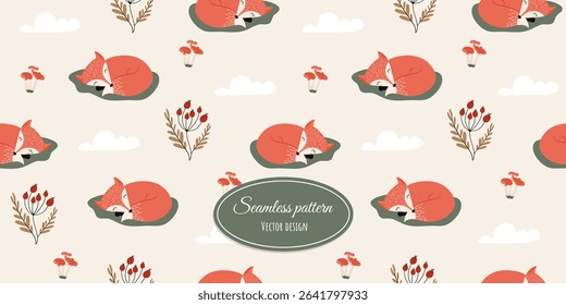 Modern children's print and seamless pattern with cute hand-drawn fox, autumn berries and mushrooms. Vector design for baby bedding, fabric, wallpaper, wrapping paper and more.