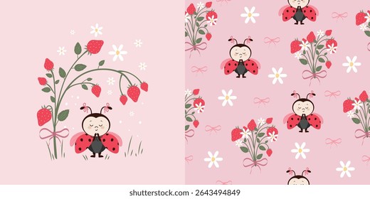 Modern children's print and seamless pattern with a cute hand-drawn ladybug and a bouquet of strawberries. Vector design for baby bedding, fabric, wallpaper, wrapping paper and more.